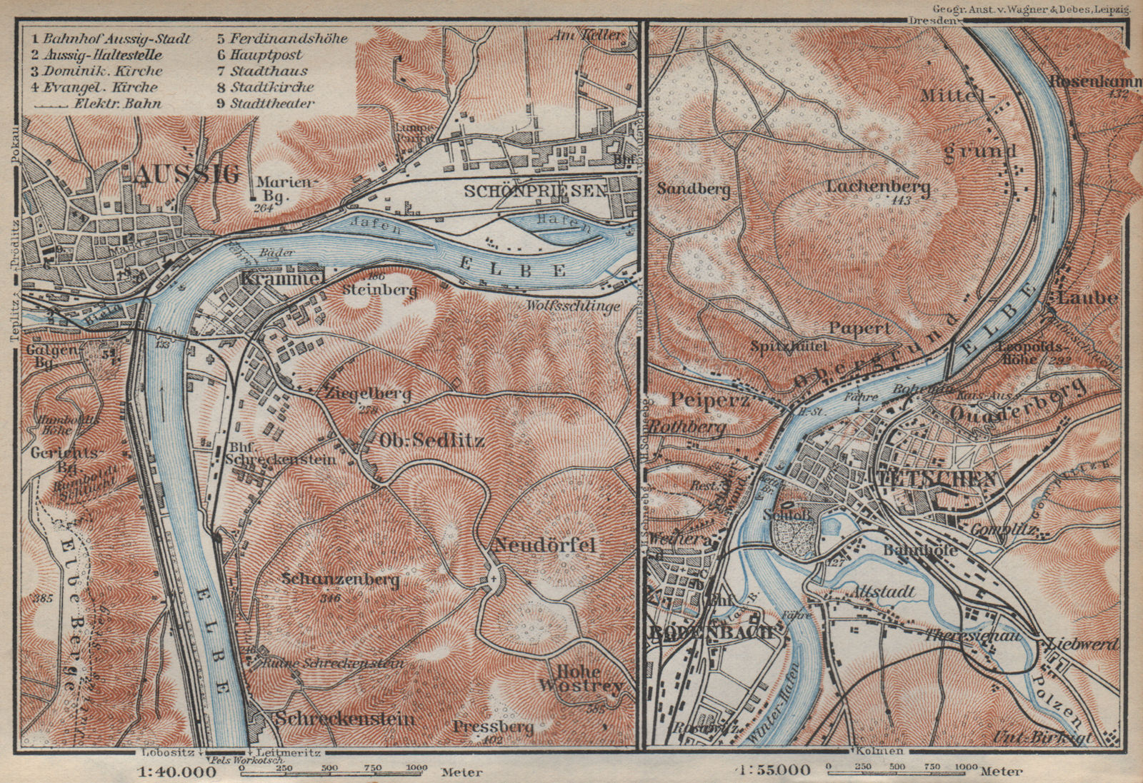 USTI NAD LABEM & DECIN areas. Podmokly Aussig Tetschen. Czech Republic 1929 map